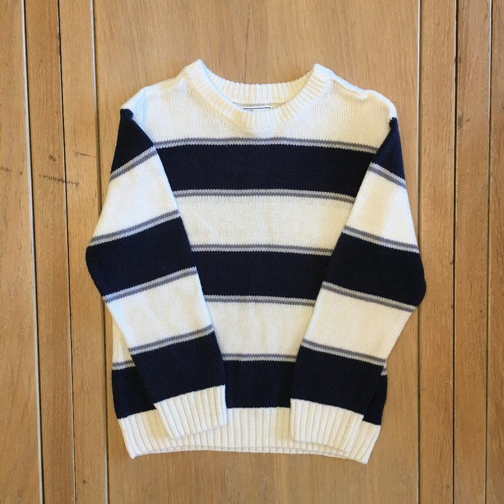 Children's Place Navy and Cream Striped Crewneck Sweater, Boys' XS (4)